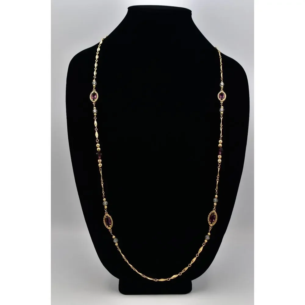 1928 Vintage Necklace Purple Crystal Gold Bezel Long Station Beaded Signed 9J